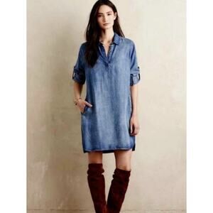 Cloth & Stone Dress Women S Blue Tencel Chambray Shirt Collar V-Neck Pockets